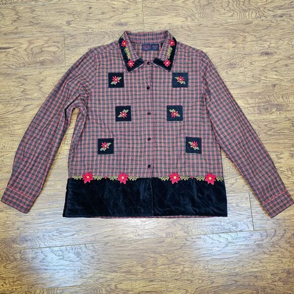 VNT Quizz Again Plaid Velvet Quilted Embroidered Accent Xmas Top Size M - Picture 3 of 11